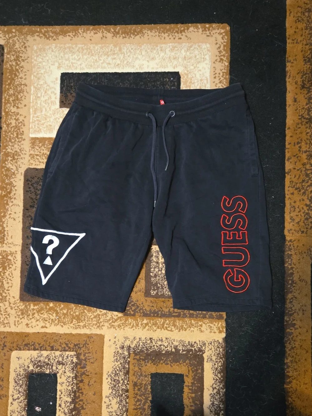 Guess Black Athletic Shorts with Red Logo and White Triangle